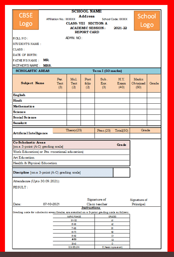 CBSE Term 1 Report Card 2021-22 Excel File Class 1 To 8 - Comprehensive ...